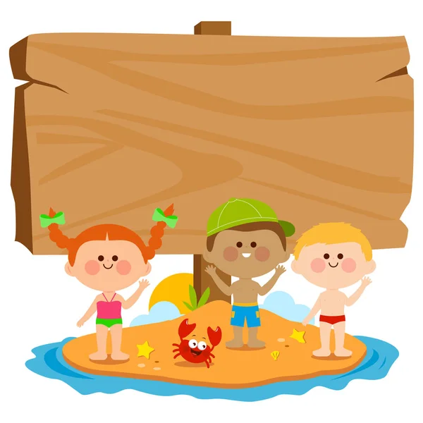 Kinderen met zwemkleding op een zomer eiland en lege houten teken. Vectorillustratie — Stockvector