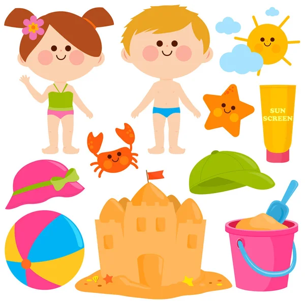 Niños con trajes de baño y elementos de diseño de vacaciones de verano en la playa . — Vector de stock