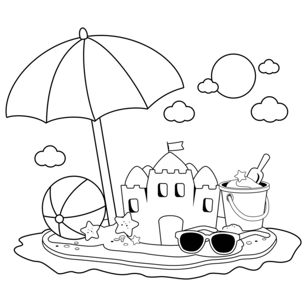 Ilha de férias de verão com guarda-chuva de praia, um castelo de areia e outros brinquedos de praia. Página de livro para colorir preto e branco — Vetor de Stock