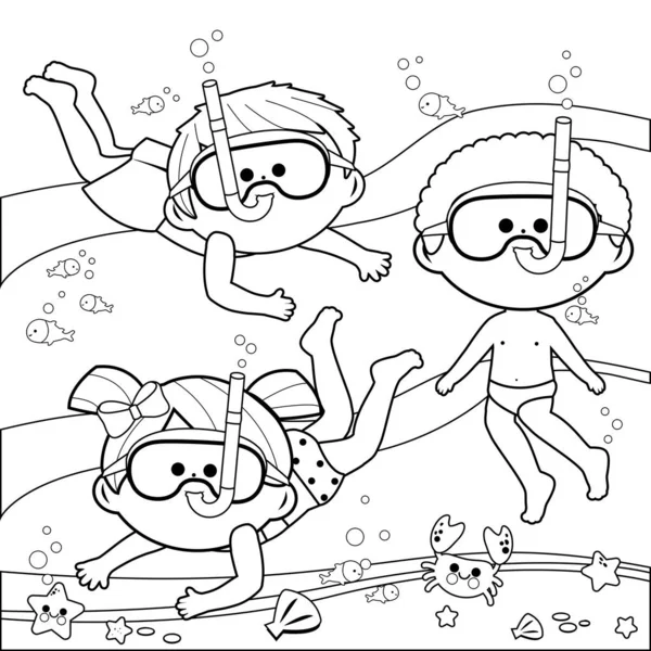 Grupo de niños con máscaras de buceo nadando bajo el mar. Libro para colorear en blanco y negro — Vector de stock