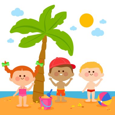 Bir palmiye ağacının altında sahilde çocuklar