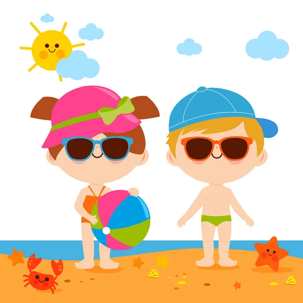 Enfants à la plage avec chapeaux et lunettes de soleil — Image vectorielle