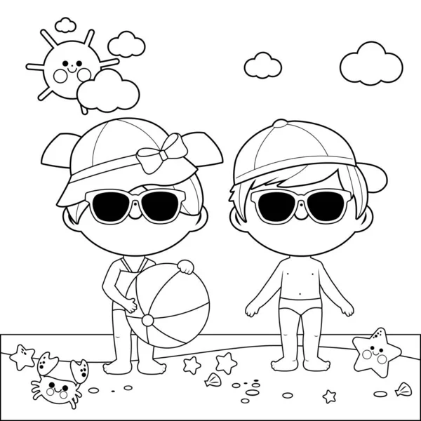 Niños en la playa con sombreros y gafas de sol. Libro para colorear en blanco y negro — Archivo Imágenes Vectoriales