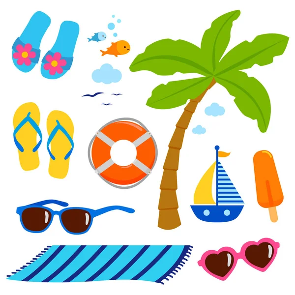 Yazlık Tema plaj tatil tasarım elemanları. — Stok Vektör