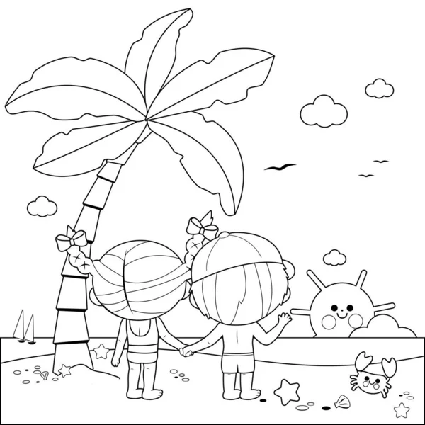 Visão traseira de crianças na praia sob uma palmeira. Página de livro para colorir preto e branco —  Vetores de Stock