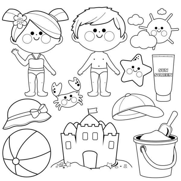 Children with swimsuits and beach summer vacation design elements. Black and white coloring book page — Stock Vector