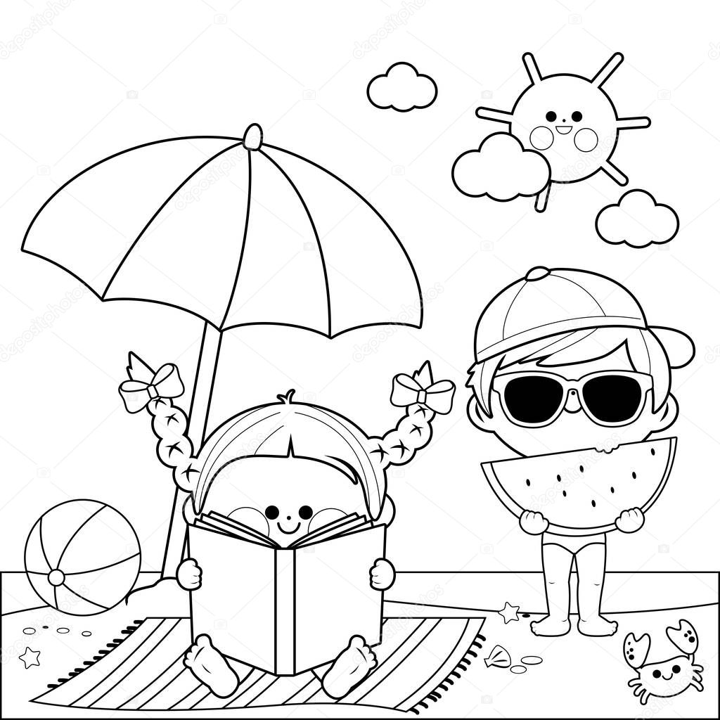 Children at the beach reading a book and eating a slice of watermelon under a beach umbrella. Black and white coloring book page