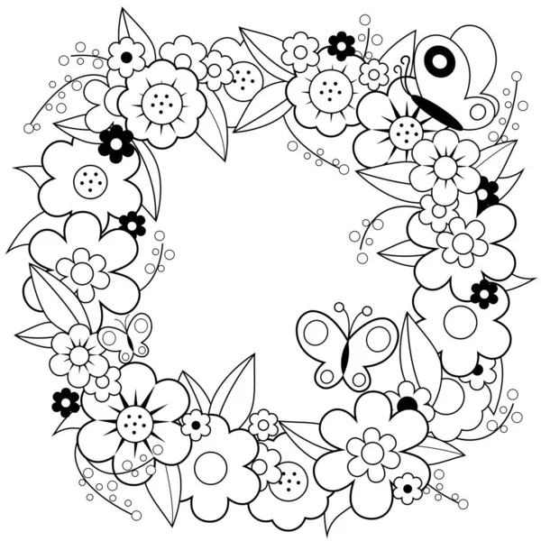 Corona de flores. Libro para colorear en blanco y negro — Vector de stock