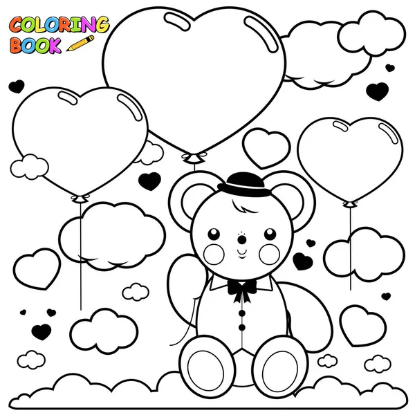 Teddy bear and balloons in the sky. Black and white coloring page — Stock Vector