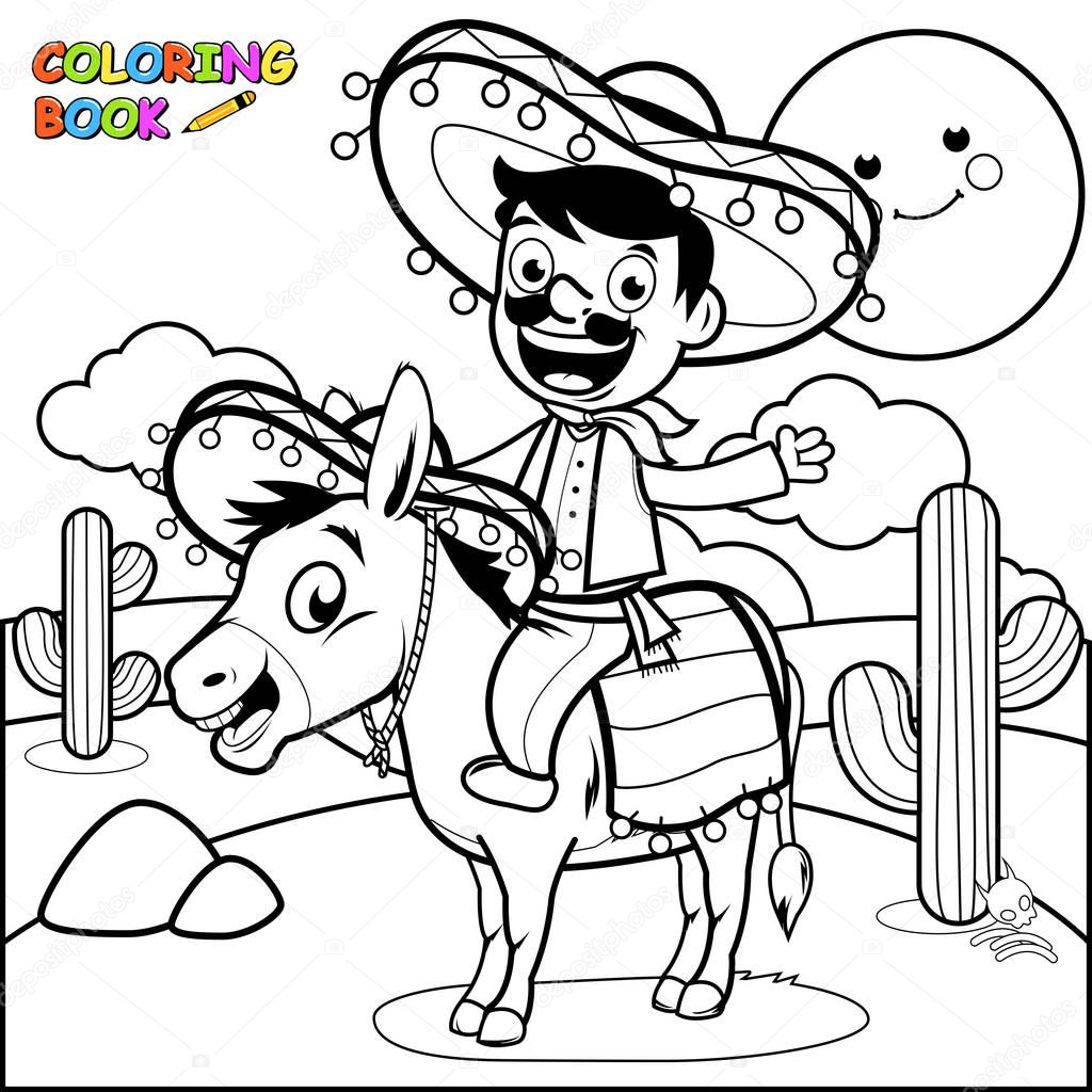 Mexican man riding a donkey in the desert. Black and white coloring page