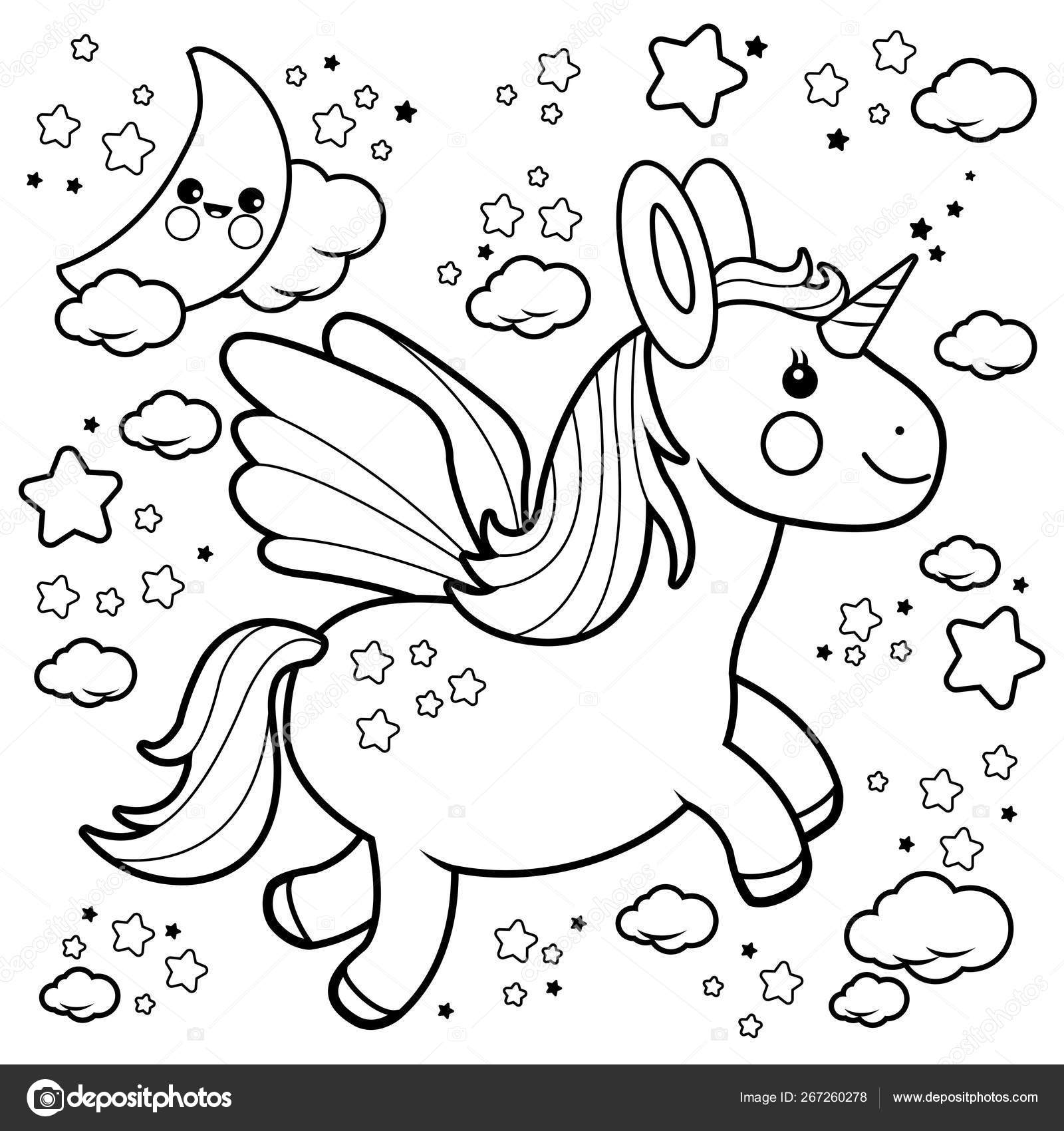 Cute unicorn flying in the night sky. Black and white coloring ...