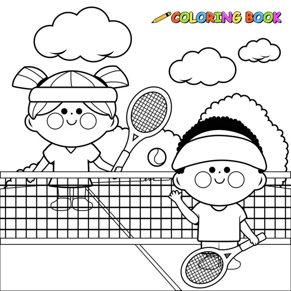 Kinderen spelen tennissen bij de tennisbaan. Zwart-wit kleurplaat pagina — Stockvector