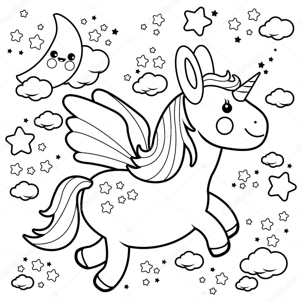 Cute unicorn flying in the night sky. Black and white coloring page 