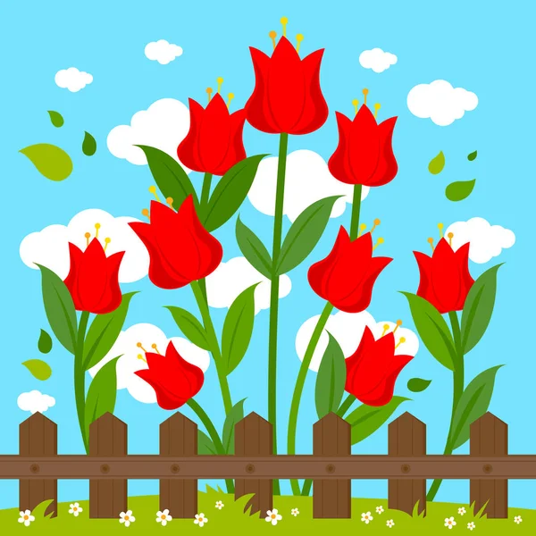 Κόκκινα λουλούδια πίσω από ξύλινο φράχτη. — Διανυσματικό Αρχείο