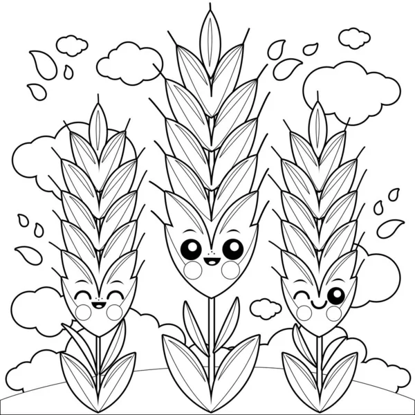 Campo con caracteres de trigo. Página para colorear en blanco y negro — Vector de stock