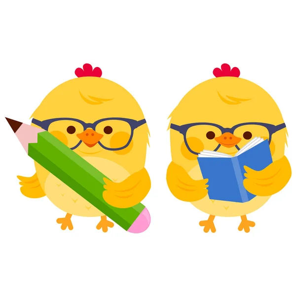 Cute chick students reading and writing — Stock Vector