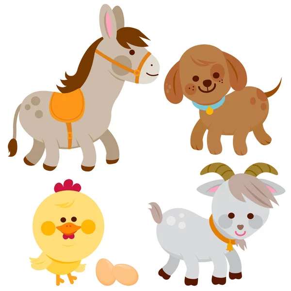 Landbouwhuisdieren. Een ezel, een hond, een kip en een geit. — Stockvector