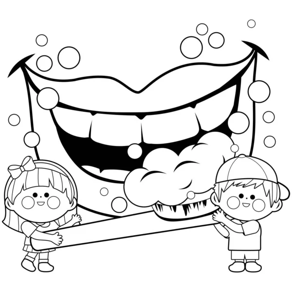 Niños sosteniendo un cepillo de dientes y cepillándose los dientes. Libro para colorear página — Archivo Imágenes Vectoriales