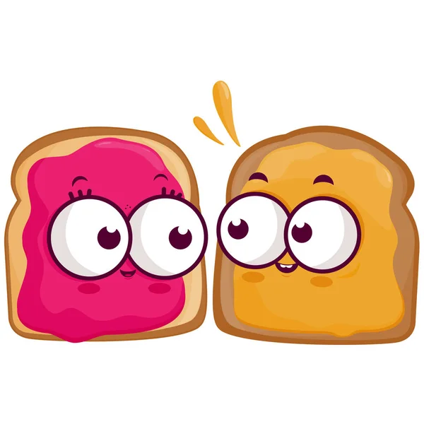 Cartoon slices of bread with peanut butter and jelly — Stock Vector