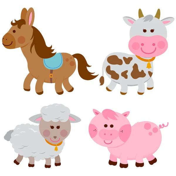 Bondgårdsdjur: en häst, en ko, ett får och en gris. Vektor illustration — Stock vektor