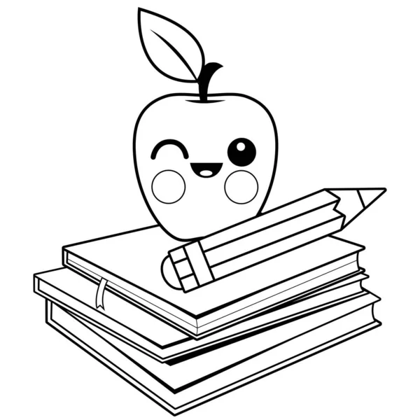 Apple, buku dan pensil. Halaman buku mewarnai hitam dan putih . - Stok Vektor