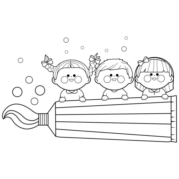 Niños sosteniendo una pasta de dientes grande. Vector blanco y negro para colorear página — Archivo Imágenes Vectoriales