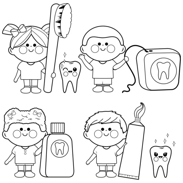 Colección de higiene dental infantil. Vector blanco y negro para colorear página — Archivo Imágenes Vectoriales