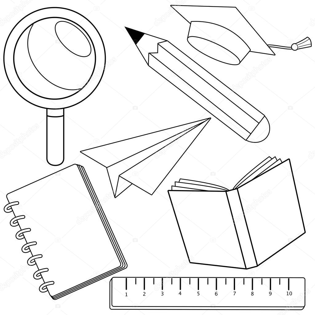 Vettoriale stockMateriale scolastico. Libro da colorare in bianco e nero  pagina di ©stockakia #281966848, image size:1024x1024