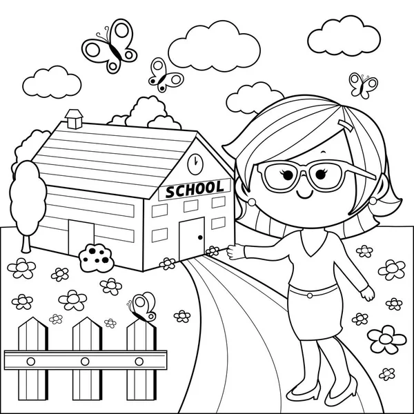Teacher in front of school building. Black and white coloring book page — Stock Vector