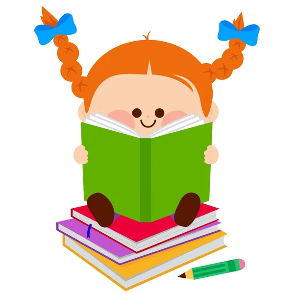 Lilla flickan läsa böcker. — Stock vektor