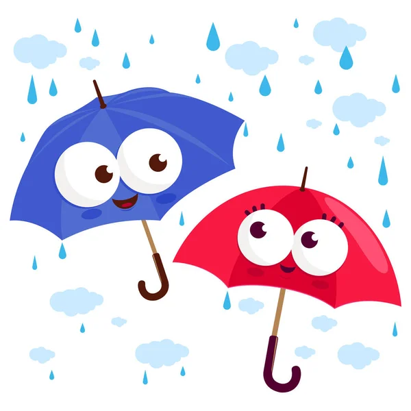 비에 귀여운 우산 문자. 벡터 일러스트레이션 — 스톡 벡터