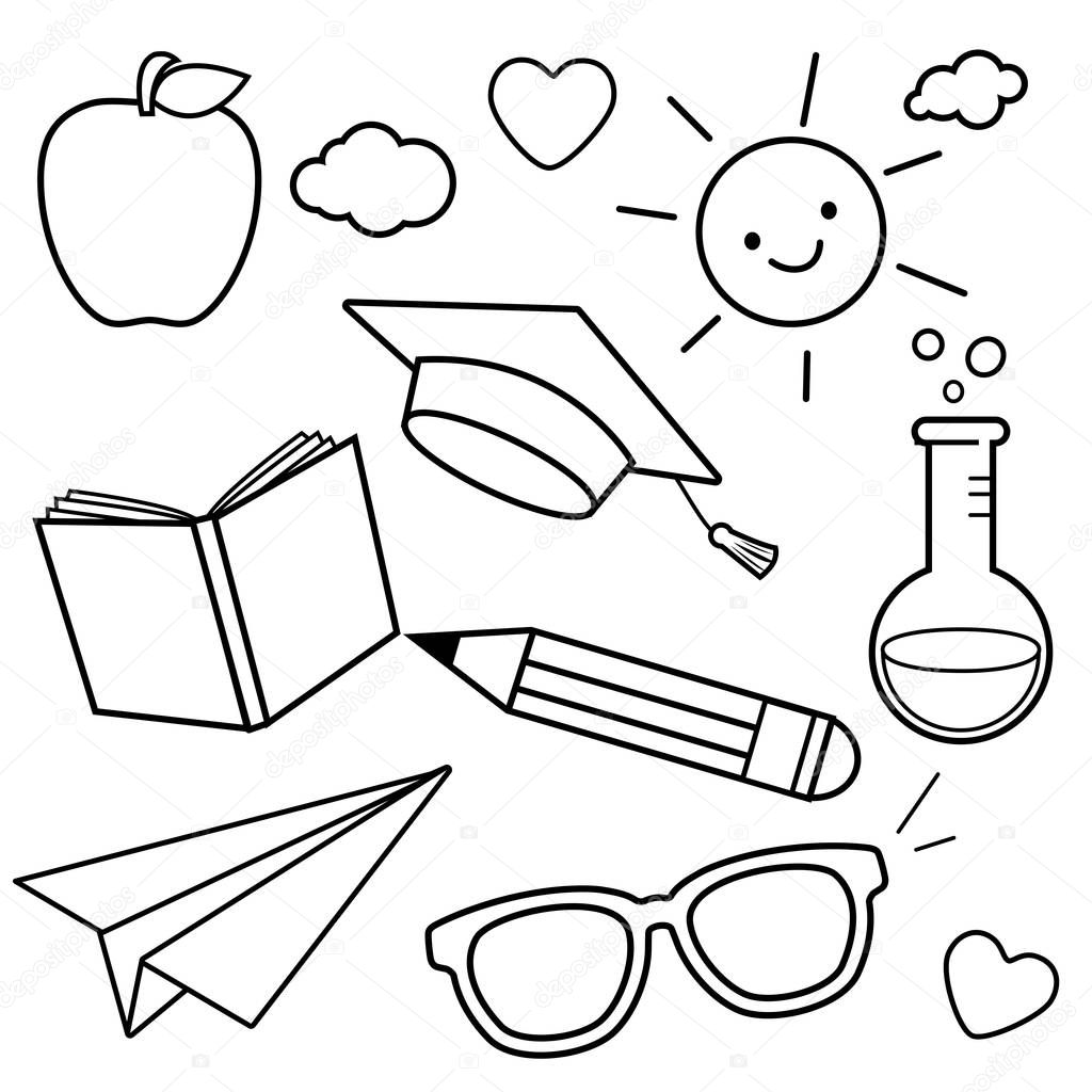 School themed sketch icons. Black and white coloring book page