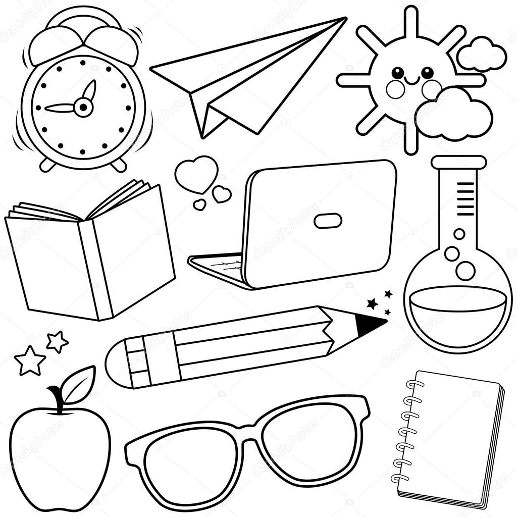 School supplies. Black and white coloring book page