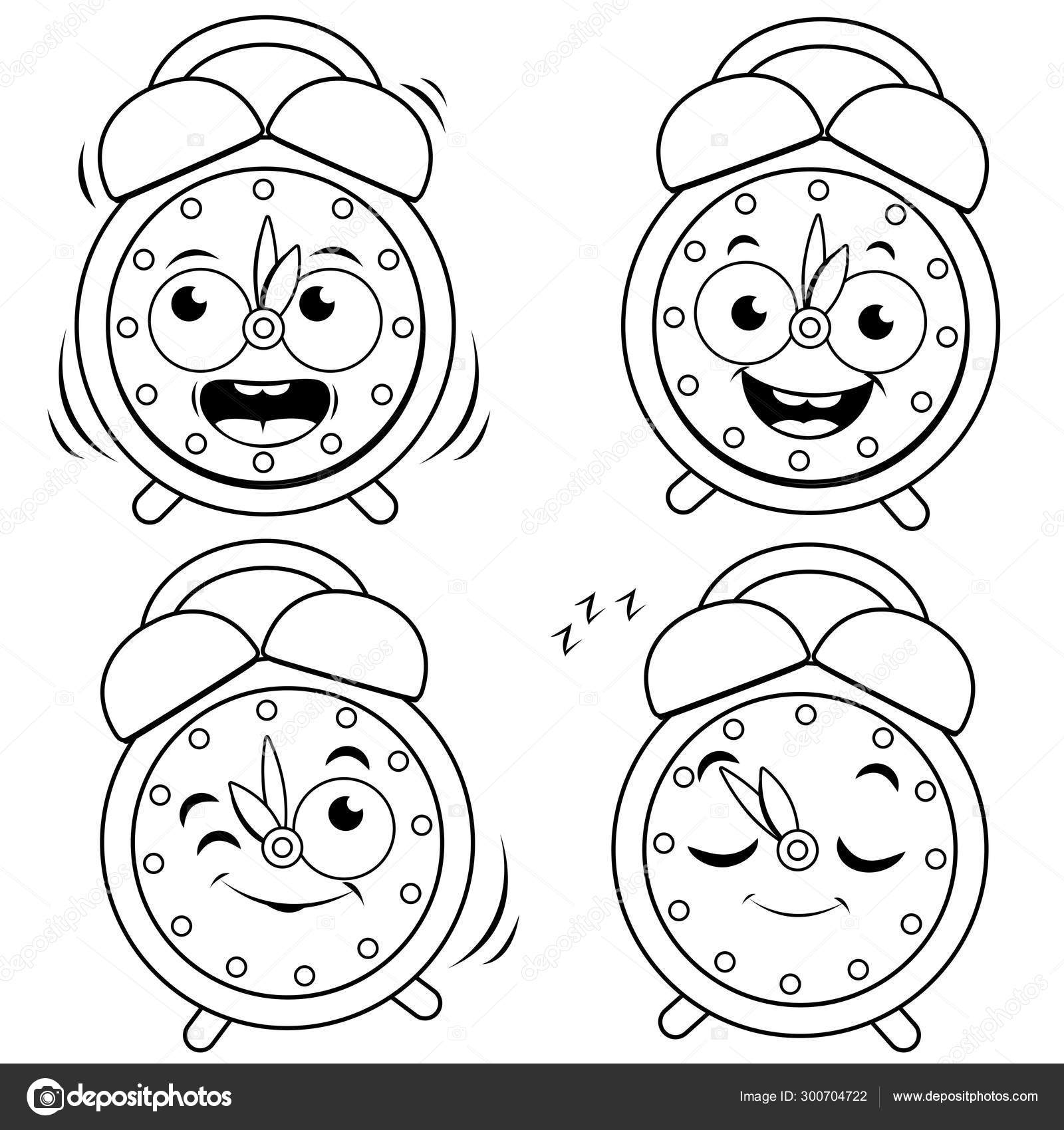 Feliz despertador. Vetor página para colorir preto e branco . Vetor de  ©stockakia 300704722, image size:1600x1700