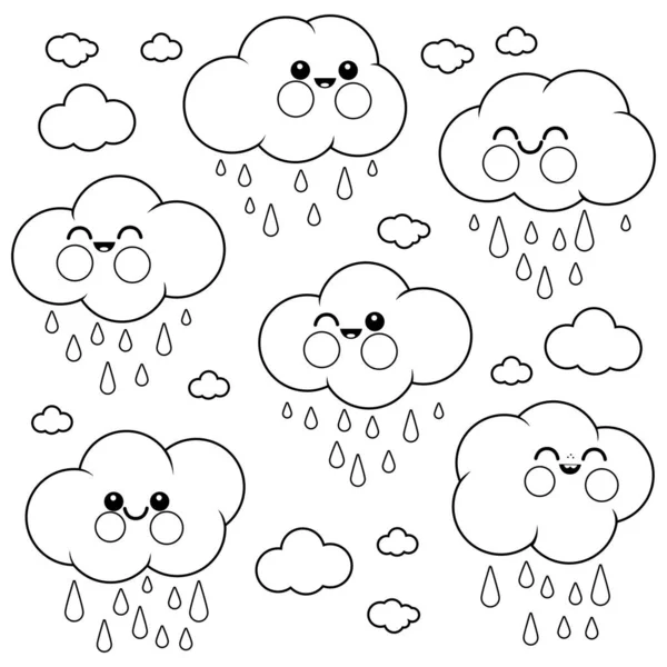 Sevimli yağmur bulut karakterleri. Vektör siyah beyaz boyama sayfası. — Stok Vektör