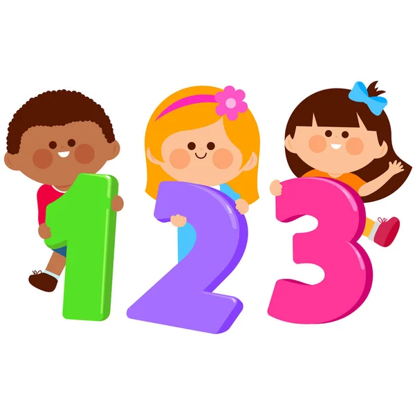 Niños sosteniendo dibujos animados números coloridos . — Vector de stock