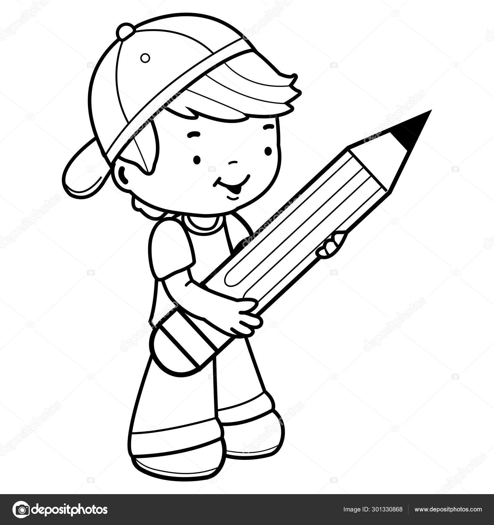 Little boy student holding a big pencil. Black and white coloring ...