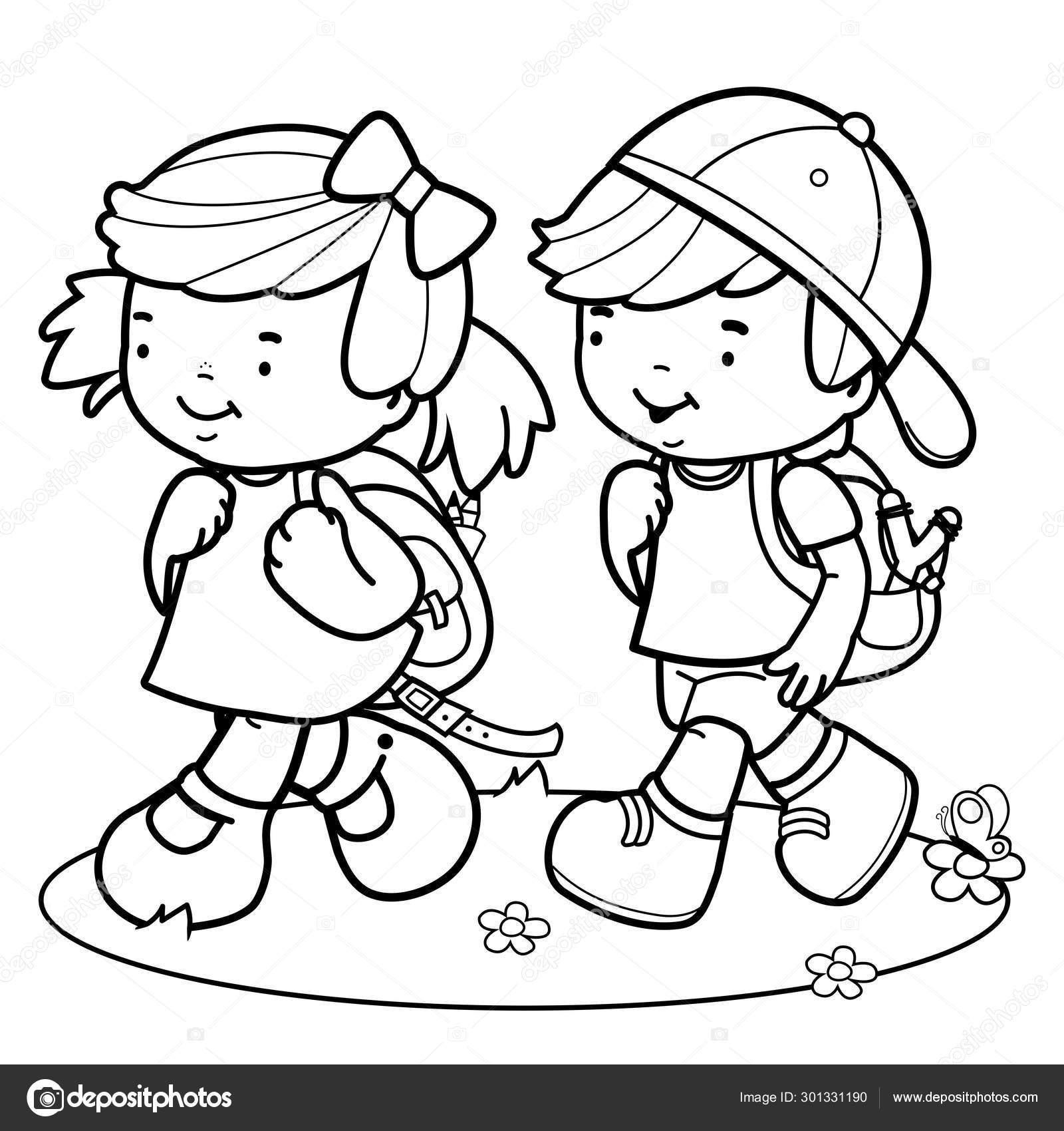 Children walk to school. Black and white coloring page Stock Vector by ...