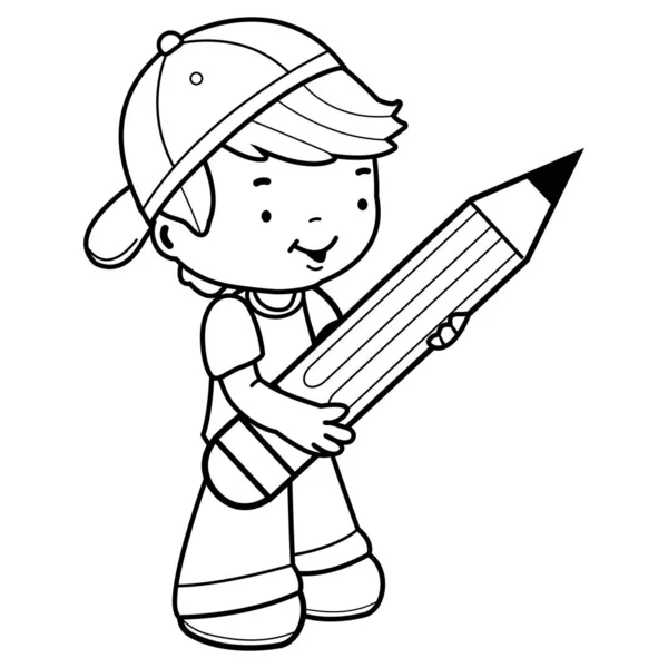Student malého chlapce, co drží velkou tužku. Černá a bílá barva stránky — Stockový vektor