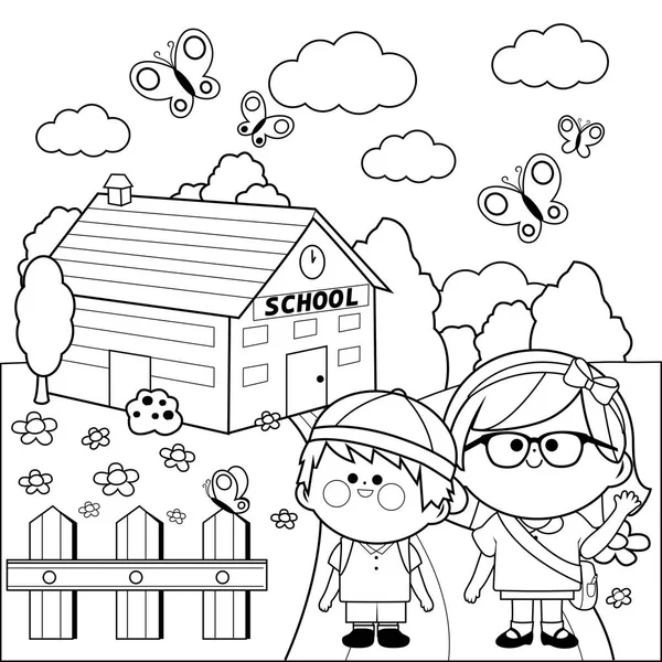 Kinderen op school. Zwart-wit kleurplaat pagina. — Stockvector