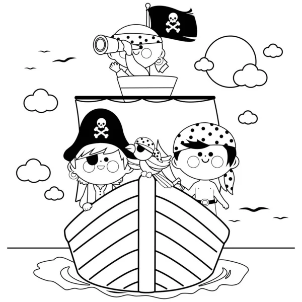 Piratas navegando em um navio no mar. Página de livro para colorir preto e branco — Vetor de Stock