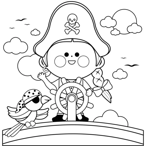 Pirata capitão menina navegando no navio com volante. Página de livro para colorir preto e branco — Vetor de Stock