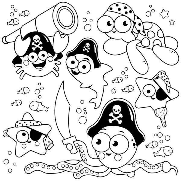 Colección de animales del mar pirata. Libro para colorear en blanco y negro — Archivo Imágenes Vectoriales