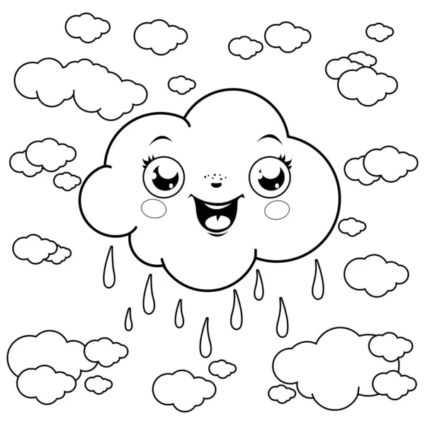 Cartoon clouds raining. Vector black and white coloring page — Stock Vector