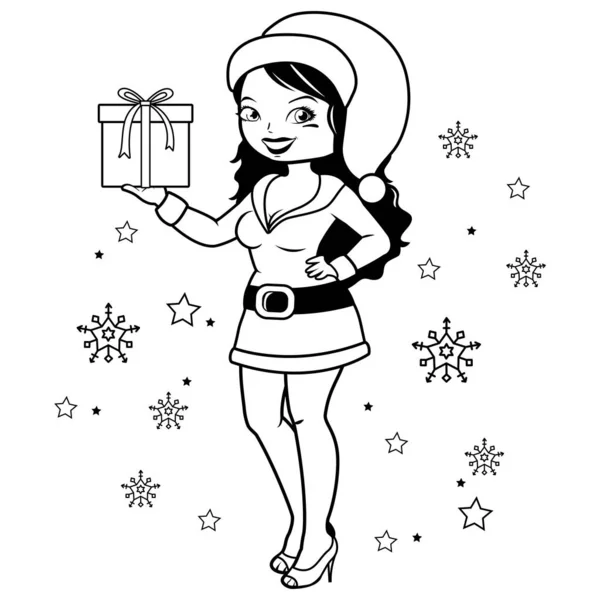 Kvinna med jultomtedräkt som håller i en present. Vektor svart och vitt färgläggning sida — Stock vektor