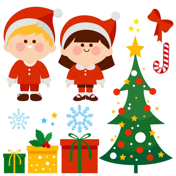 Julen vektor samling med barn klädda i jul jultomte kostymer, julgran och presenter. Vektorillustration — Stock vektor