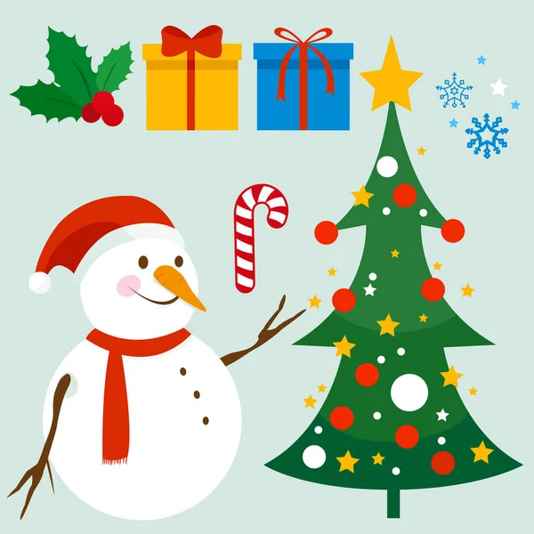 Julen vektor samling med jultomten hatt, julgran och presenter. Vektorillustration. — Stock vektor