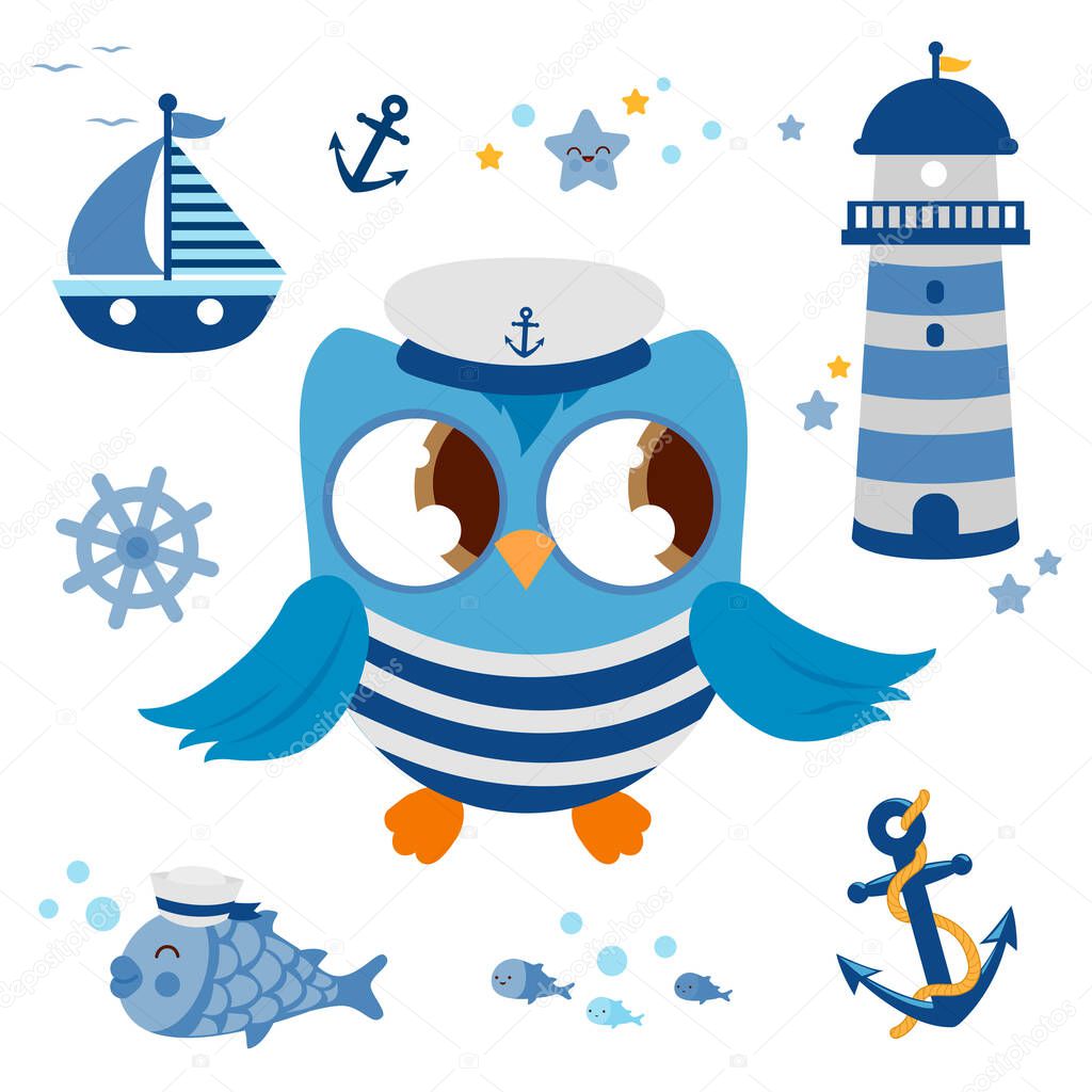 Baby sailor owl. Marine nautical illustration set