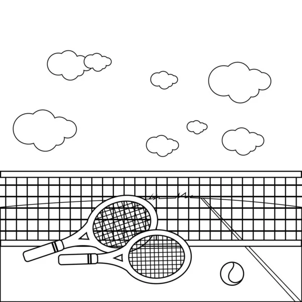 テニスコートのラケットとテニスボール ベクトル黒と白の着色ページ — ストックベクタ