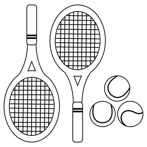Tennisschläger Und Bälle Vector Schwarz Weiß Malseite — Stockvektor